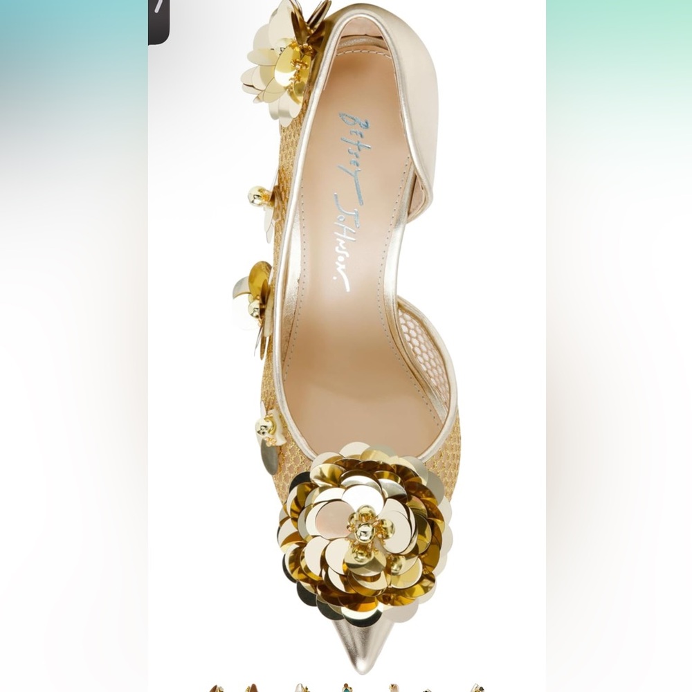 NEW Betsey Johnson Nash Gold Dorsay Sculptural Heels 3D Floral Embellishments 9 - Picture 3 of 9